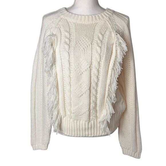 New Elsamanda Fringed Cable Knit Sweater Large Italy Off White Wool Alpaca - Picture 1 of 9